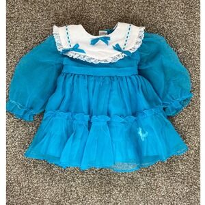 Vtg Fluffy Shy Girls Dress Party Ruffle‎ Bows Turquoise White T2 y2